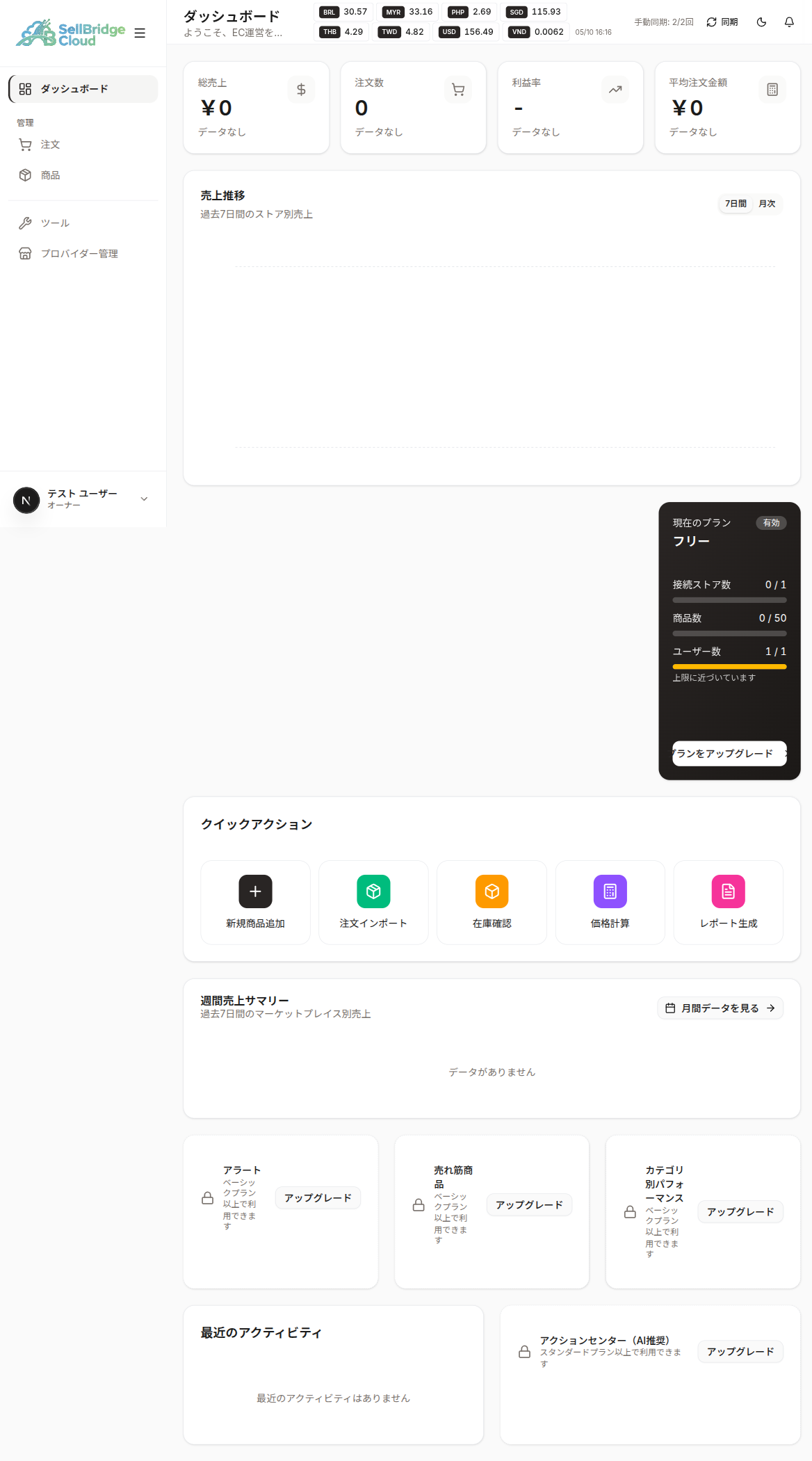 ログイン後のダッシュボード