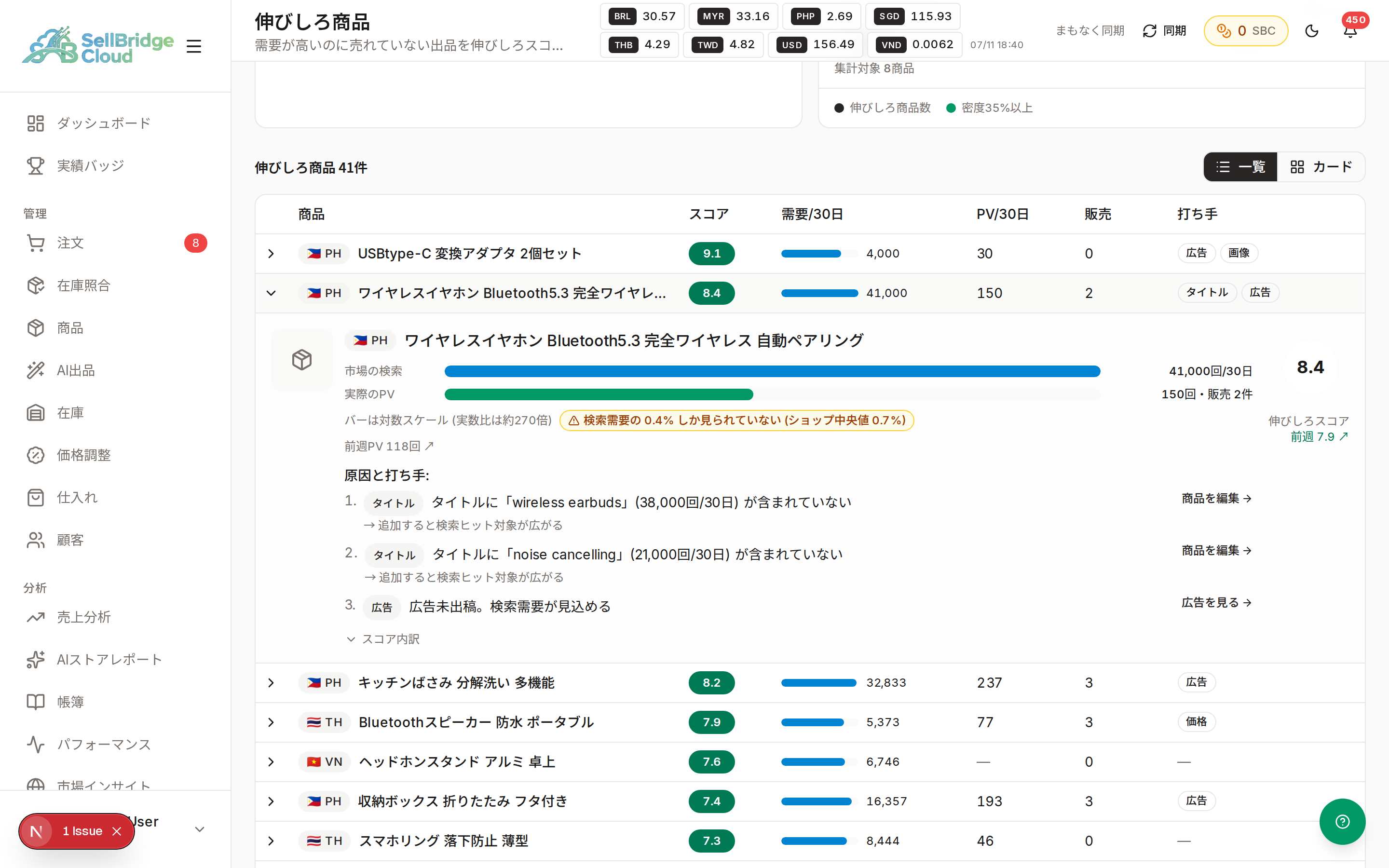 表の行を開いた状態。原因と打ち手、スコア内訳が表示される